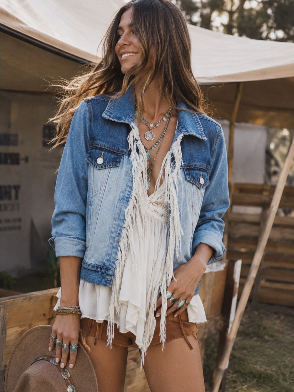 Blank NYC Denim Trucker Jacket Colorblock Fringe Festival Jean Size XS  NWT $168